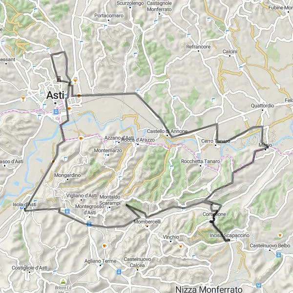 Miniaturní mapa "Okruh cyklotrasy Incisa Scapaccino - Mombercelli - Montegrosso d'Asti - Isola d'Asti - Villa Raggio - Castello di Annone - Cerro Tanaro - Masio" inspirace pro cyklisty v oblasti Piemonte, Italy. Vytvořeno pomocí plánovače tras Tarmacs.app