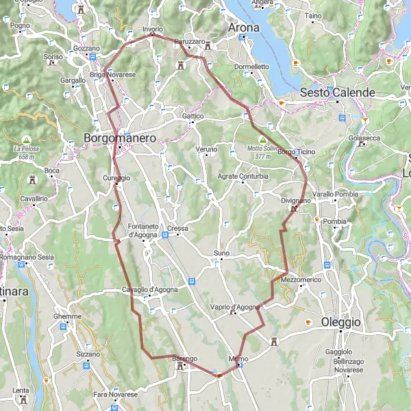 Map miniature of "Gravel Route via Motto Caneva" cycling inspiration in Piemonte, Italy. Generated by Tarmacs.app cycling route planner