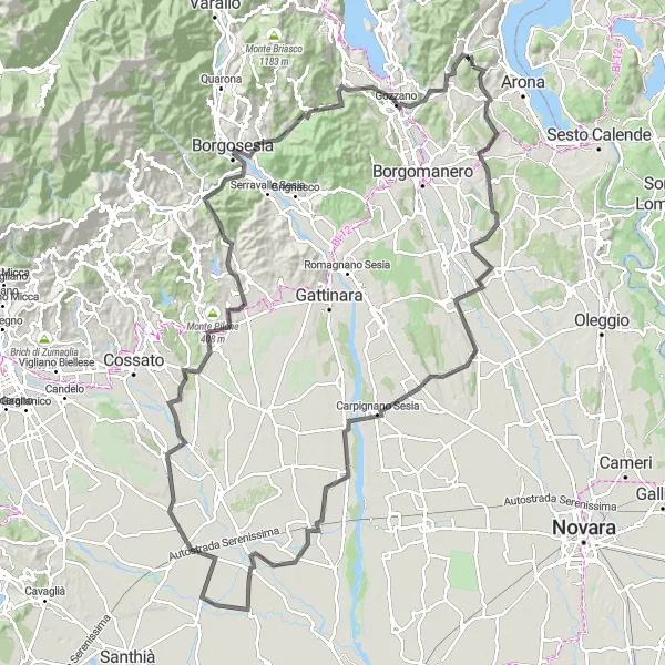 Map miniature of "Road Route via Motto Lungo" cycling inspiration in Piemonte, Italy. Generated by Tarmacs.app cycling route planner