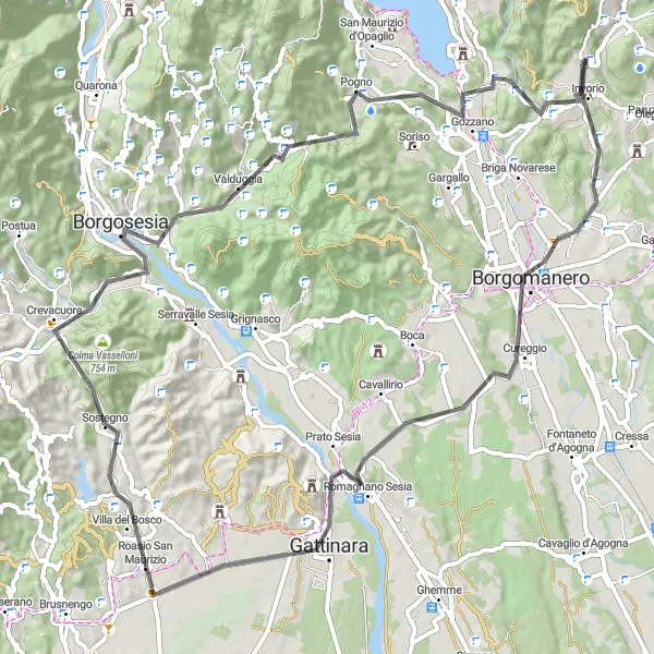 Map miniature of "Road Route via Invorio" cycling inspiration in Piemonte, Italy. Generated by Tarmacs.app cycling route planner