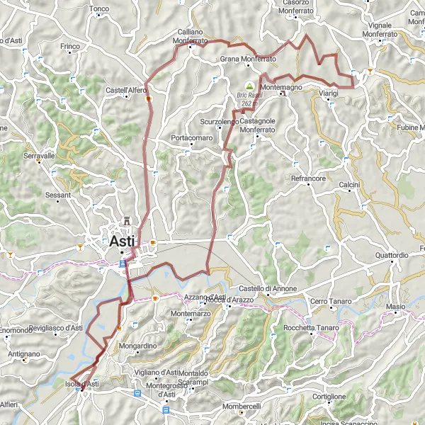 Map miniature of "Gravel Adventure from Isola d'Asti to Scurzolengo and Altavilla Monferrato" cycling inspiration in Piemonte, Italy. Generated by Tarmacs.app cycling route planner