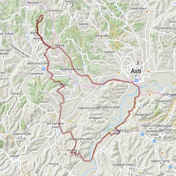 Miniatua del mapa de inspiración ciclista "Ruta de ciclismo de grava desde Isola d'Asti" en Piemonte, Italy. Generado por Tarmacs.app planificador de rutas ciclistas