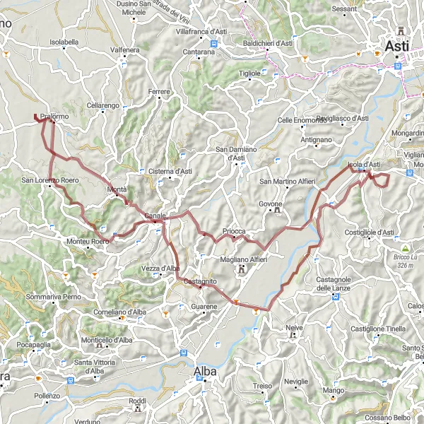 Map miniature of "Gravel Expedition from Repergo to Santo Stefano Roero and Bric Zoanni" cycling inspiration in Piemonte, Italy. Generated by Tarmacs.app cycling route planner