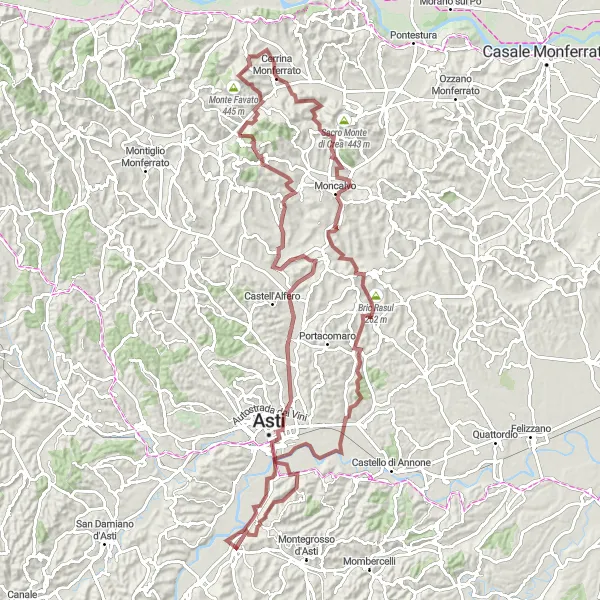 Map miniature of "Gravel Trail from Isola d'Asti to Migliandolo and Varengo" cycling inspiration in Piemonte, Italy. Generated by Tarmacs.app cycling route planner