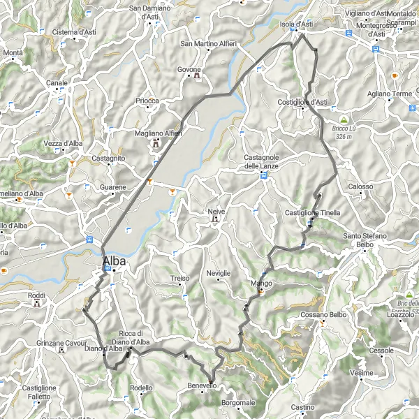 Miniatua del mapa de inspiración ciclista "Ruta de ciclismo de carretera a Valdivilla desde Isola d'Asti" en Piemonte, Italy. Generado por Tarmacs.app planificador de rutas ciclistas