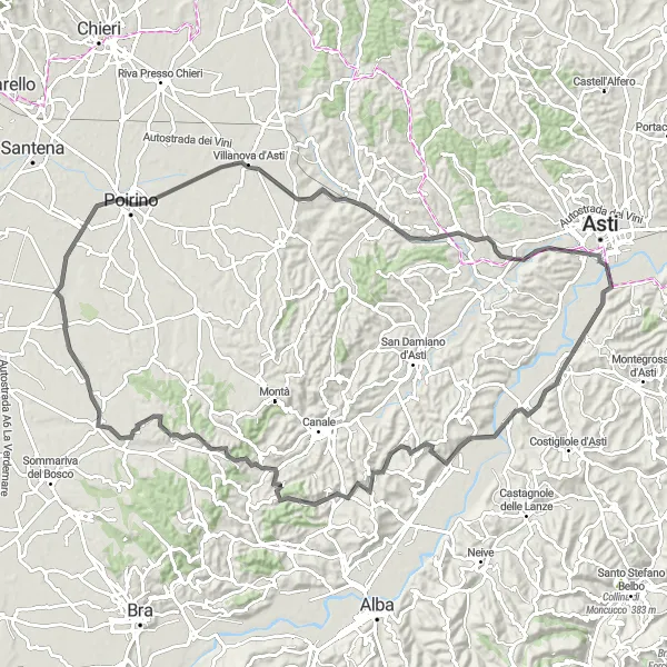 Map miniature of "Road Cycling: Exploring the Roero Region" cycling inspiration in Piemonte, Italy. Generated by Tarmacs.app cycling route planner