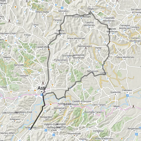 Kartminiatyr av "Vinets vägar" cykelinspiration i Piemonte, Italy. Genererad av Tarmacs.app cykelruttplanerare