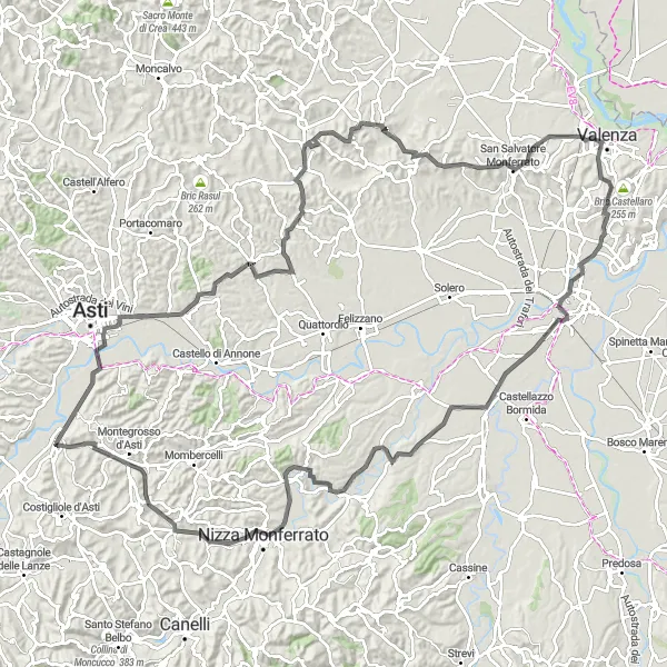 Miniaturní mapa "Kolem San Salvatore Monferrato" inspirace pro cyklisty v oblasti Piemonte, Italy. Vytvořeno pomocí plánovače tras Tarmacs.app