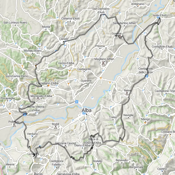 Miniatura della mappa di ispirazione al ciclismo "Giro panoramico in bicicletta da Isola d'Asti all'Area detta "del Maseng"" nella regione di Piemonte, Italy. Generata da Tarmacs.app, pianificatore di rotte ciclistiche