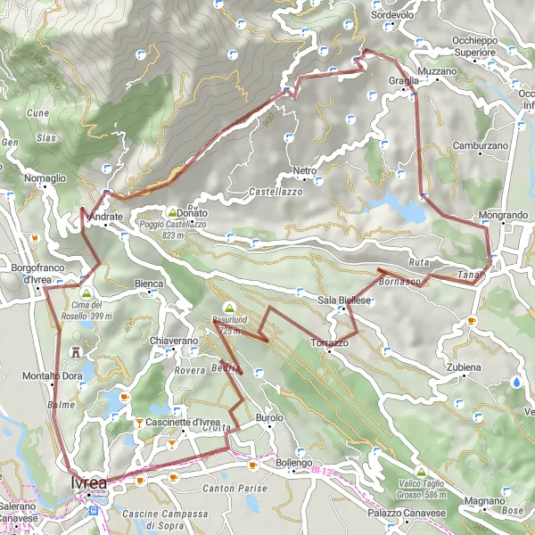 Miniatura della mappa di ispirazione al ciclismo "Giro in bicicletta Gravel intorno a Ivrea" nella regione di Piemonte, Italy. Generata da Tarmacs.app, pianificatore di rotte ciclistiche