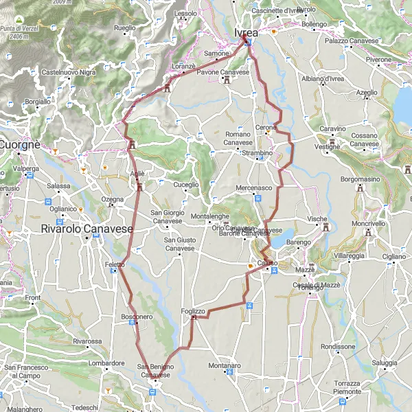 Map miniature of "Scenic Gravel Adventure to Mondone" cycling inspiration in Piemonte, Italy. Generated by Tarmacs.app cycling route planner