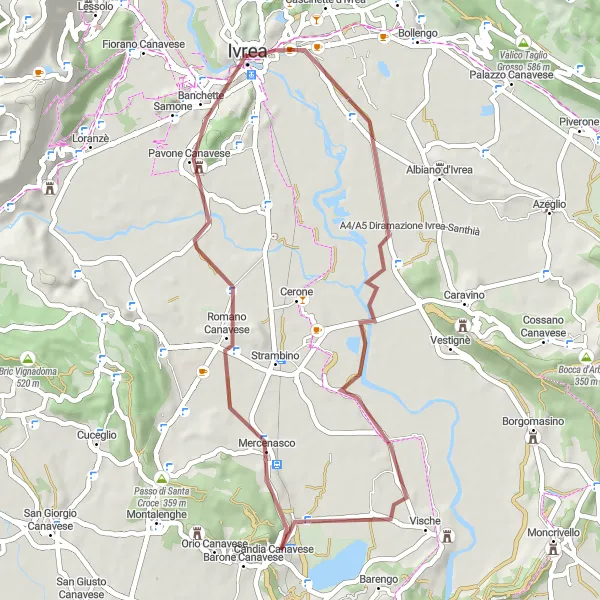 Miniatuurkaart van de fietsinspiratie "Gravelroute rond Ivrea en omgeving" in Piemonte, Italy. Gemaakt door de Tarmacs.app fietsrouteplanner