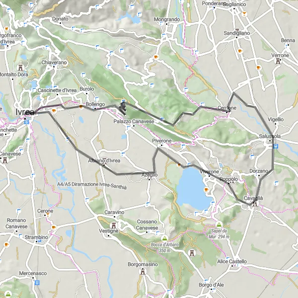 Karttaminiaatyyri "Ivrea - Burolo - Salussola - Monte Giuliano" pyöräilyinspiraatiosta alueella Piemonte, Italy. Luotu Tarmacs.app pyöräilyreittisuunnittelijalla