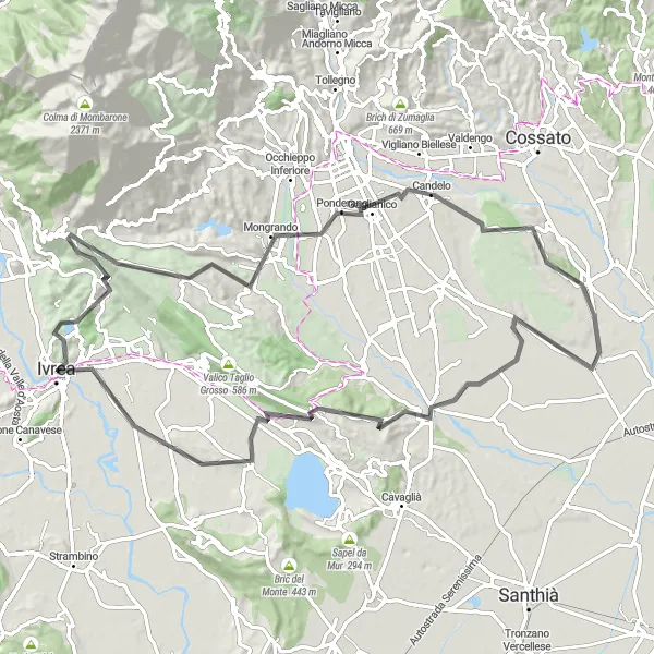 Miniatura della mappa di ispirazione al ciclismo "Giro in bici da Ivrea a Monte Fiorito" nella regione di Piemonte, Italy. Generata da Tarmacs.app, pianificatore di rotte ciclistiche