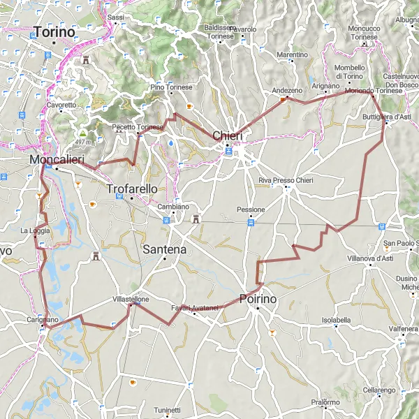 Miniatura della mappa di ispirazione al ciclismo "Circuito in Gravel tra La Loggia e Carignano" nella regione di Piemonte, Italy. Generata da Tarmacs.app, pianificatore di rotte ciclistiche