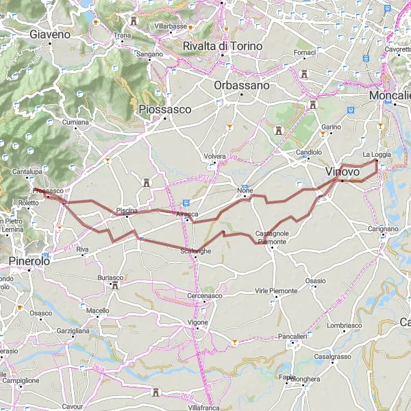 Mapa miniatúra "Gravelová cyklotrasa cez Frossasco a Scalenghe" cyklistická inšpirácia v Piemonte, Italy. Vygenerované cyklistickým plánovačom trás Tarmacs.app