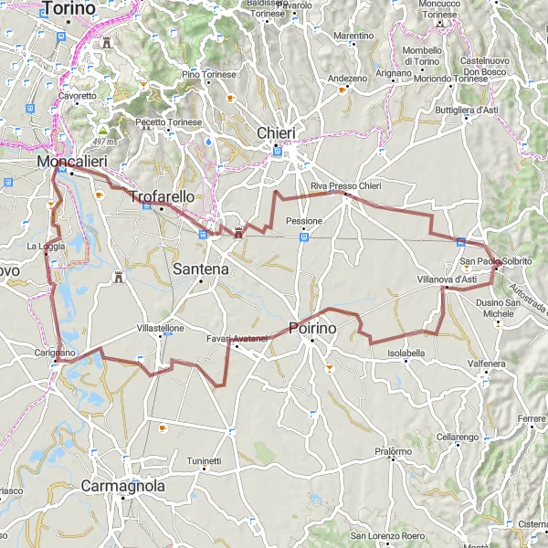 Miniaturní mapa "Gravelová exkurze do Carignana" inspirace pro cyklisty v oblasti Piemonte, Italy. Vytvořeno pomocí plánovače tras Tarmacs.app
