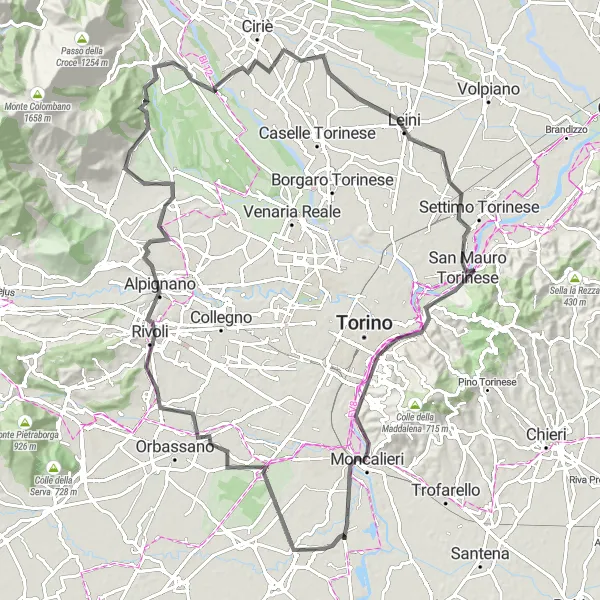 Miniatura della mappa di ispirazione al ciclismo "Tour Panoramico da La Loggia a Castello del Valentino" nella regione di Piemonte, Italy. Generata da Tarmacs.app, pianificatore di rotte ciclistiche