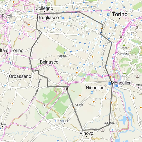 Miniaturní mapa "Vinovo a zpět" inspirace pro cyklisty v oblasti Piemonte, Italy. Vytvořeno pomocí plánovače tras Tarmacs.app