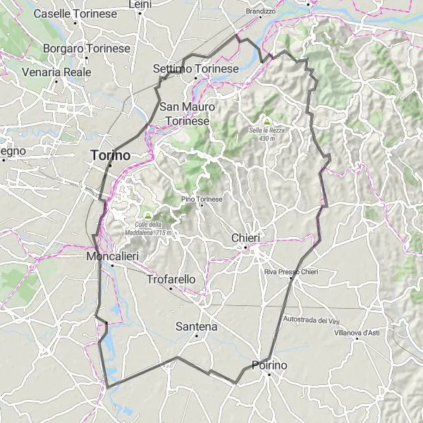 Miniatua del mapa de inspiración ciclista "Ruta panorámica por Turín" en Piemonte, Italy. Generado por Tarmacs.app planificador de rutas ciclistas