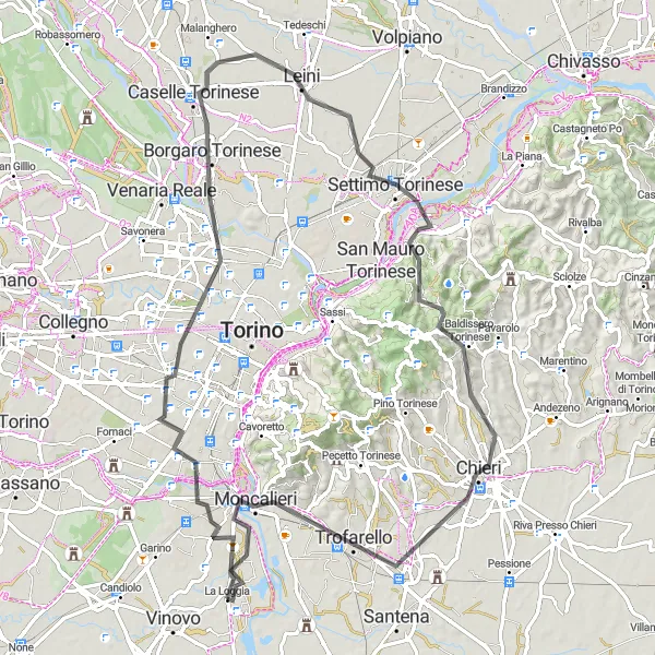 Miniaturní mapa "Od La Loggia do Chieri a zpět" inspirace pro cyklisty v oblasti Piemonte, Italy. Vytvořeno pomocí plánovače tras Tarmacs.app