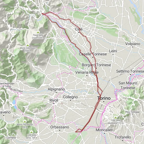 Zemljevid v pomanjšavi "Lanzo Torinese - Stupinigi Gravel Ride" kolesarske inspiracije v Piemonte, Italy. Generirano z načrtovalcem kolesarskih poti Tarmacs.app