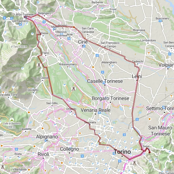 Zemljevid v pomanjšavi "Gravel kolesarska avantura v okolici Lanza Torinese" kolesarske inspiracije v Piemonte, Italy. Generirano z načrtovalcem kolesarskih poti Tarmacs.app