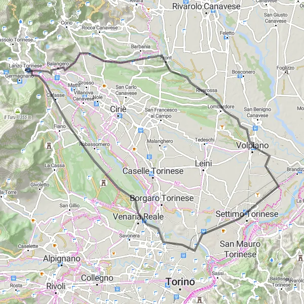 Miniatua del mapa de inspiración ciclista "Ruta Escénica por Venaria Reale y Settimo Torinese" en Piemonte, Italy. Generado por Tarmacs.app planificador de rutas ciclistas