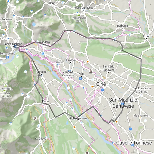 Miniatura della mappa di ispirazione al ciclismo "Giro in Moto da Lanzo Torinese a Margaula" nella regione di Piemonte, Italy. Generata da Tarmacs.app, pianificatore di rotte ciclistiche