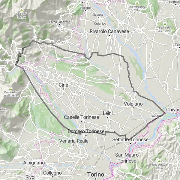 Zemljevid v pomanjšavi "Kolesarska pot okoli Lanzo Torinese (cesta)" kolesarske inspiracije v Piemonte, Italy. Generirano z načrtovalcem kolesarskih poti Tarmacs.app