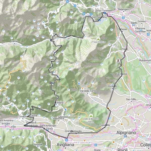 Karttaminiaatyyri "Lanzo Tour: Haastava maantiepyöräreitti" pyöräilyinspiraatiosta alueella Piemonte, Italy. Luotu Tarmacs.app pyöräilyreittisuunnittelijalla