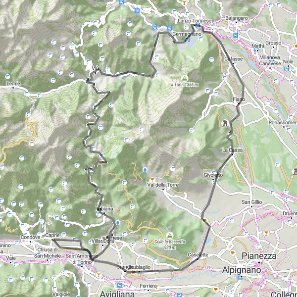 Miniatura della mappa di ispirazione al ciclismo "Giro in bicicletta da Lanzo Torinese" nella regione di Piemonte, Italy. Generata da Tarmacs.app, pianificatore di rotte ciclistiche
