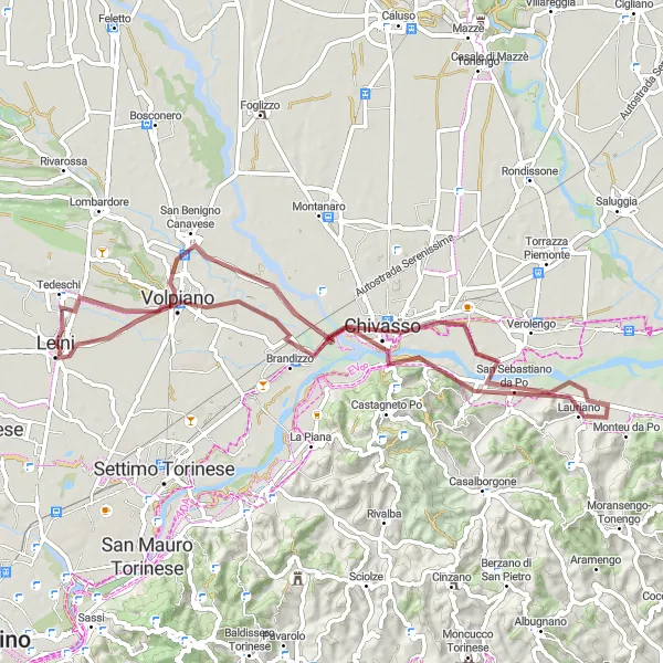 Miniatura della mappa di ispirazione al ciclismo "Esplorazione in gravel da Brandizzo a San Benigno Canavese" nella regione di Piemonte, Italy. Generata da Tarmacs.app, pianificatore di rotte ciclistiche