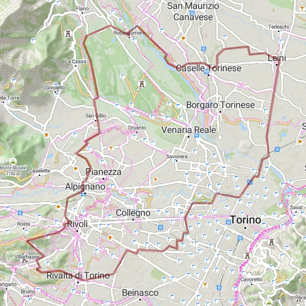 Miniature de la carte de l'inspiration cycliste "Le parcours de Leini à Caselle Torinese en gravel" dans la Piemonte, Italy. Générée par le planificateur d'itinéraire cycliste Tarmacs.app