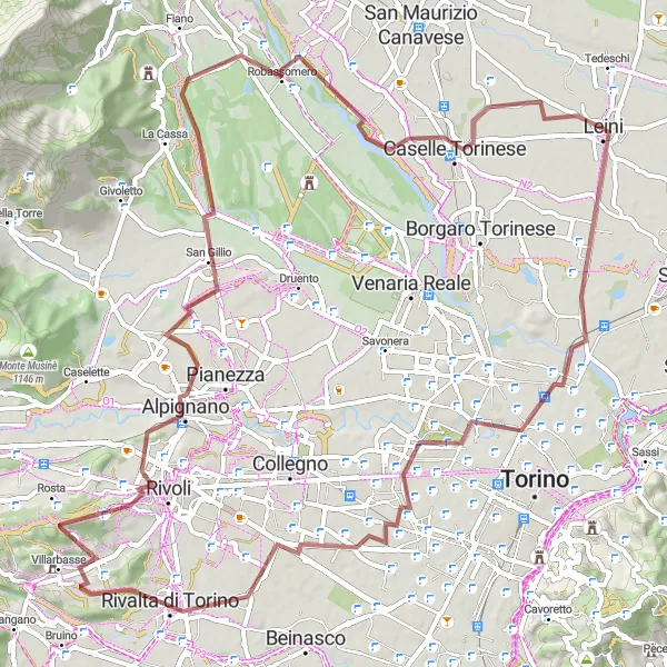 Miniaturekort af cykelinspirationen "Naturskøn grusrute fra Leini til Caselle Torinese" i Piemonte, Italy. Genereret af Tarmacs.app cykelruteplanlægger