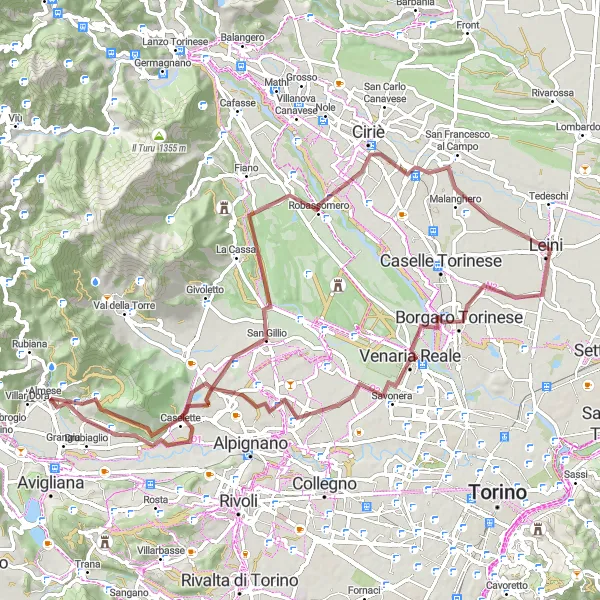 Miniatua del mapa de inspiración ciclista "Ruta de ciclismo de gravilla Venaria Reale - San Francesco al Campo" en Piemonte, Italy. Generado por Tarmacs.app planificador de rutas ciclistas