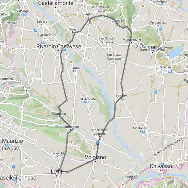 Zemljevid v pomanjšavi "Road Cycling Route from Leini to Volpiano" kolesarske inspiracije v Piemonte, Italy. Generirano z načrtovalcem kolesarskih poti Tarmacs.app