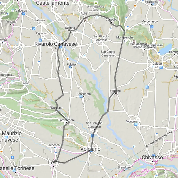 Map miniature of "Leini Loop" cycling inspiration in Piemonte, Italy. Generated by Tarmacs.app cycling route planner