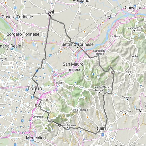 Miniaturní mapa "Trasa Settimo Torinese-Castiglione Torinese-Turin-Mappano" inspirace pro cyklisty v oblasti Piemonte, Italy. Vytvořeno pomocí plánovače tras Tarmacs.app