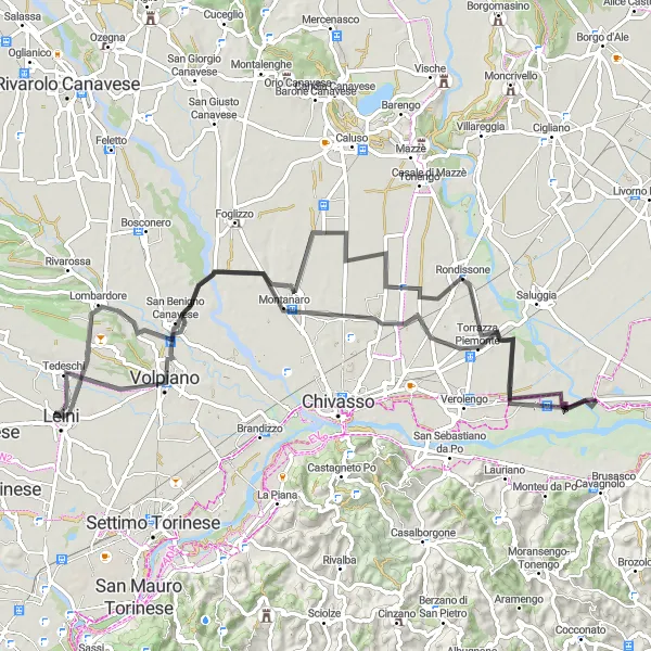 Miniature de la carte de l'inspiration cycliste "Leini - Montanaro - Vallo Canavese - Lombardore" dans la Piemonte, Italy. Générée par le planificateur d'itinéraire cycliste Tarmacs.app
