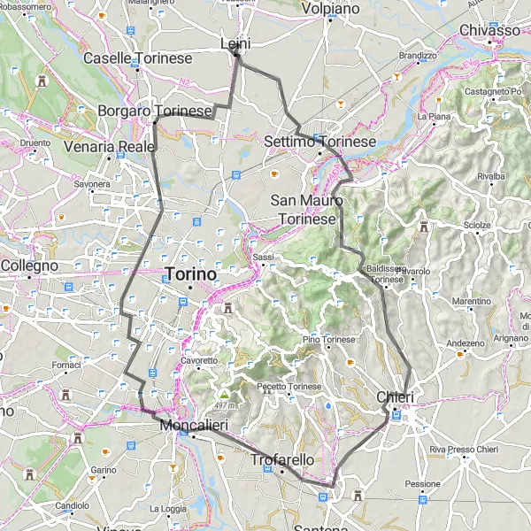Map miniature of "Leini to Borgaro Torinese and Back" cycling inspiration in Piemonte, Italy. Generated by Tarmacs.app cycling route planner