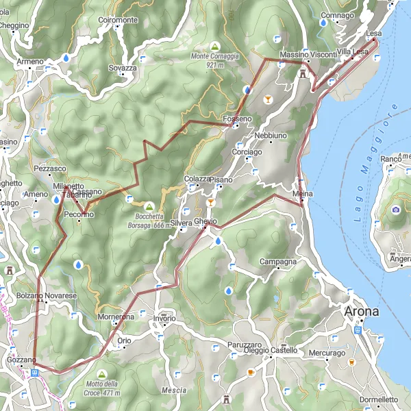 Mapa miniatúra "Gravelová cyklotrasa cez okolie Lesa" cyklistická inšpirácia v Piemonte, Italy. Vygenerované cyklistickým plánovačom trás Tarmacs.app