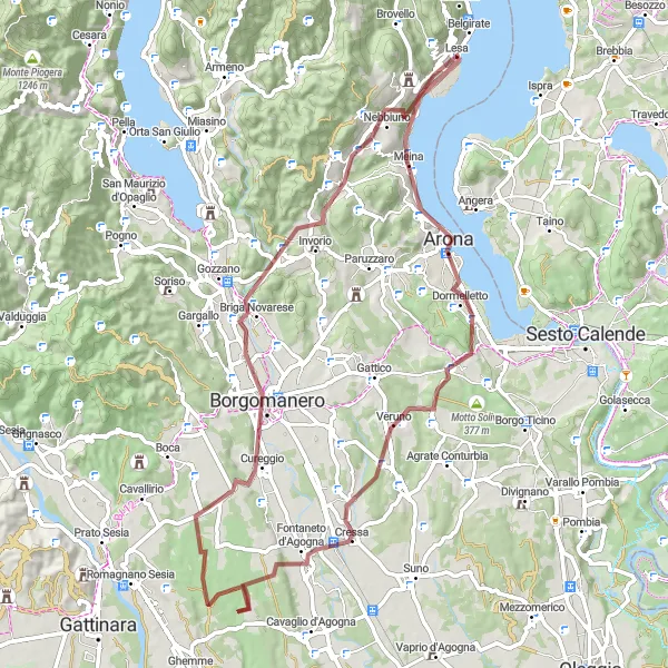 Mapa miniatúra "Gravelová výprava kolem jezera" cyklistická inšpirácia v Piemonte, Italy. Vygenerované cyklistickým plánovačom trás Tarmacs.app