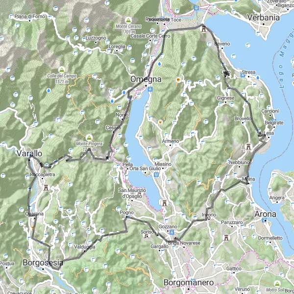 Karten-Miniaturansicht der Radinspiration "Herausfordernde Roadtour in der Nähe von Lesa" in Piemonte, Italy. Erstellt vom Tarmacs.app-Routenplaner für Radtouren