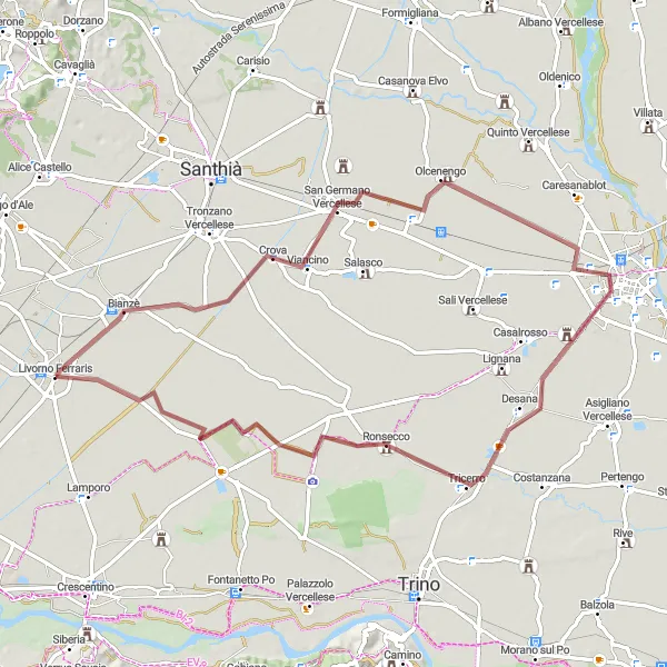 Miniatuurkaart van de fietsinspiratie "Gravelroute rond Livorno Ferraris" in Piemonte, Italy. Gemaakt door de Tarmacs.app fietsrouteplanner