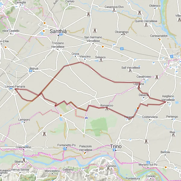 Kartminiatyr av "Grusvei eventyr gjennom Livorno Ferraris, Lignana, Tricerro og Colombara" sykkelinspirasjon i Piemonte, Italy. Generert av Tarmacs.app sykkelrutoplanlegger