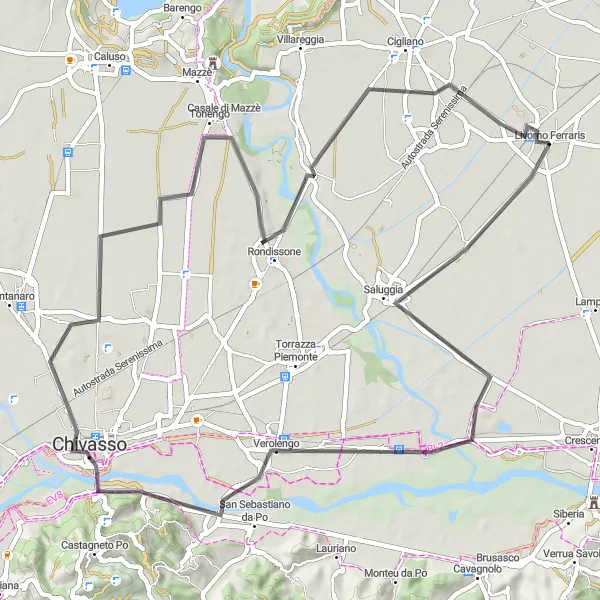 Miniatura della mappa di ispirazione al ciclismo "Giro in bicicletta da Livorno Ferraris" nella regione di Piemonte, Italy. Generata da Tarmacs.app, pianificatore di rotte ciclistiche