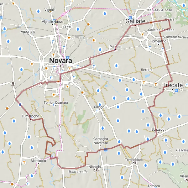 Miniaturní mapa "Gravelová trasa kolem Lumellogna" inspirace pro cyklisty v oblasti Piemonte, Italy. Vytvořeno pomocí plánovače tras Tarmacs.app
