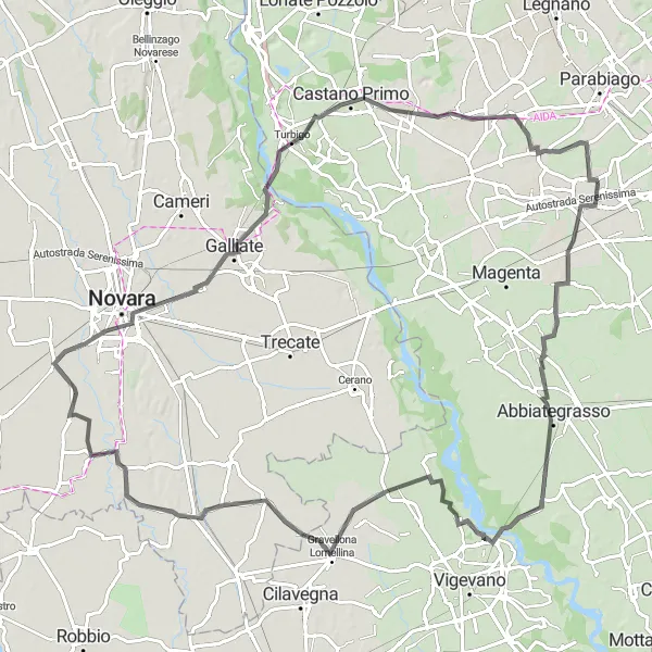 Miniaturní mapa "Okruh kolem Lumellogna a Vespolate" inspirace pro cyklisty v oblasti Piemonte, Italy. Vytvořeno pomocí plánovače tras Tarmacs.app