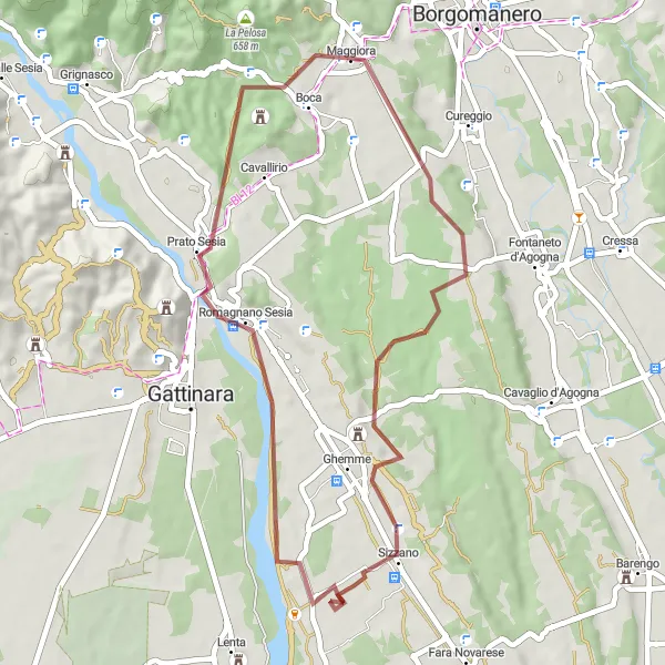 Miniatua del mapa de inspiración ciclista "Ruta de ciclismo de grava por Ghemme, Prato Sesia, Boca y Montalbano" en Piemonte, Italy. Generado por Tarmacs.app planificador de rutas ciclistas